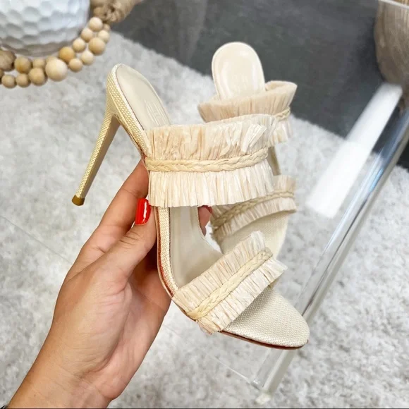 House of Harlow 1960 x REVOLVE Women's Frayed Raffia Heel Cream Tan Raffia 7.5 - Picture 4 of 12